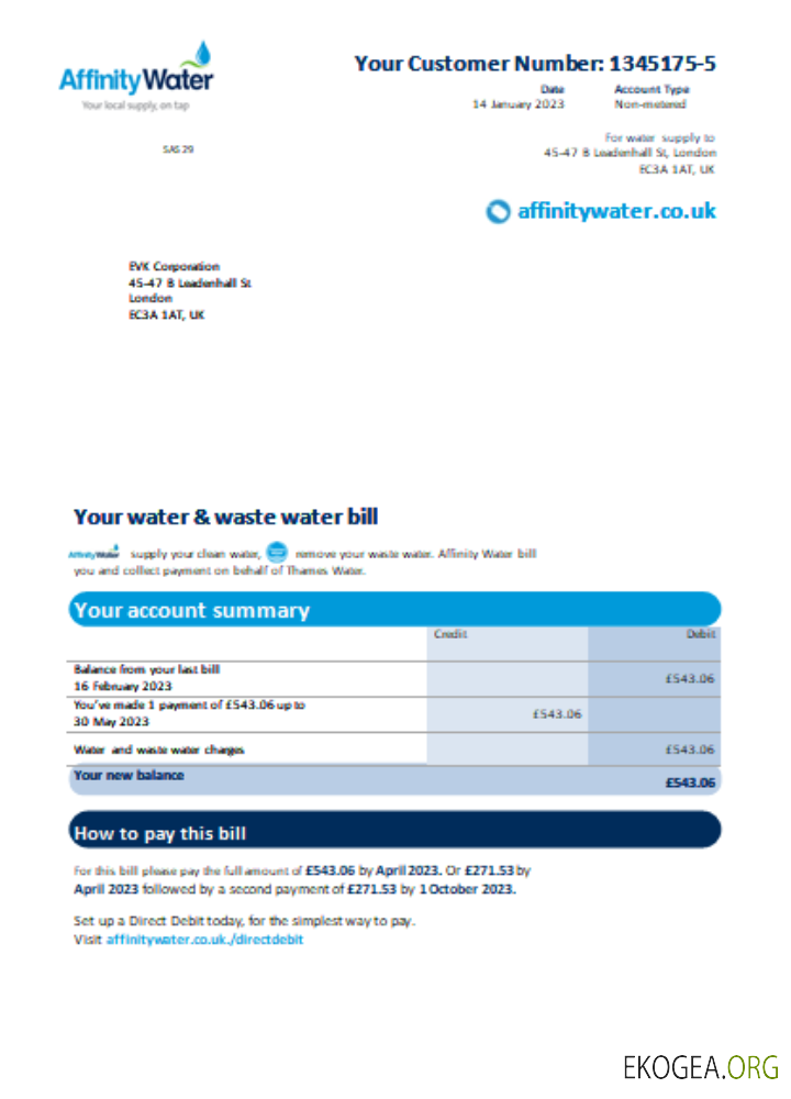 Facture commerciale du service public d'Affinity Water, SCR